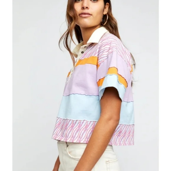 FREE PEOPLE MixPrint BELLA Collar Henley Tee Top - Picture 3 of 7